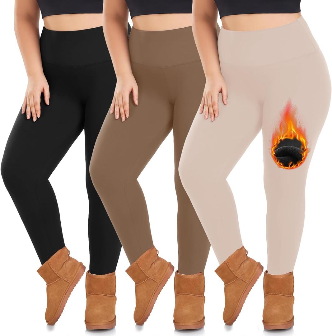 we fleece 3 Pack Plus Size Fleece Lined Leggings Women -Stretchy Warm Winter Yoga Pants Thermal Leggings (Black/Mocha/Light Khaki), XL
