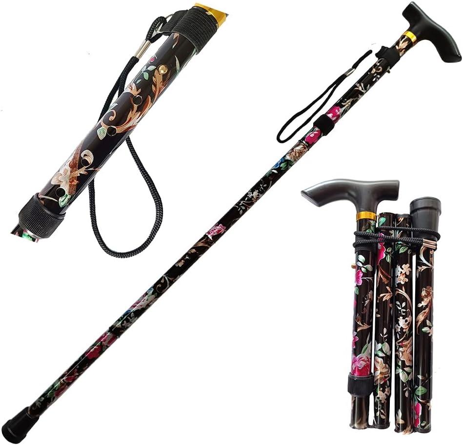 Collapsible Walking Stick, Lightweight Cane for Men & Women, Adjustable Cascade Mountain Tech Trekking Poles, Balance Canes, Folding Walking Sticks for Hiking, Gear, Gifts for Seniors (Flower black)