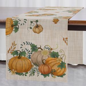 Thanksgiving Table Runner Fall Pumpkin Maple Leaves Table Runner Washable Non-Slip Heatproof Woven Seasonal Dining Table Decoration 12 x 70 Inch (Light Yellow4)