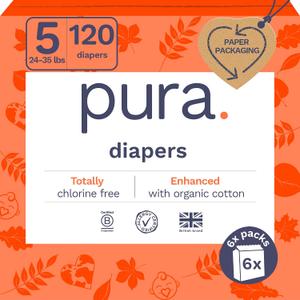 Pura Size 5 Eco-Friendly Diapers (24-35 lbs) Totally Chlorine Free (TCF), Hypoallergenic, Soft Organic Cotton, Sustainable, up to 12 Hours Leak Protection, Allergy UK, 6 Packs of 20 (120 Diapers)