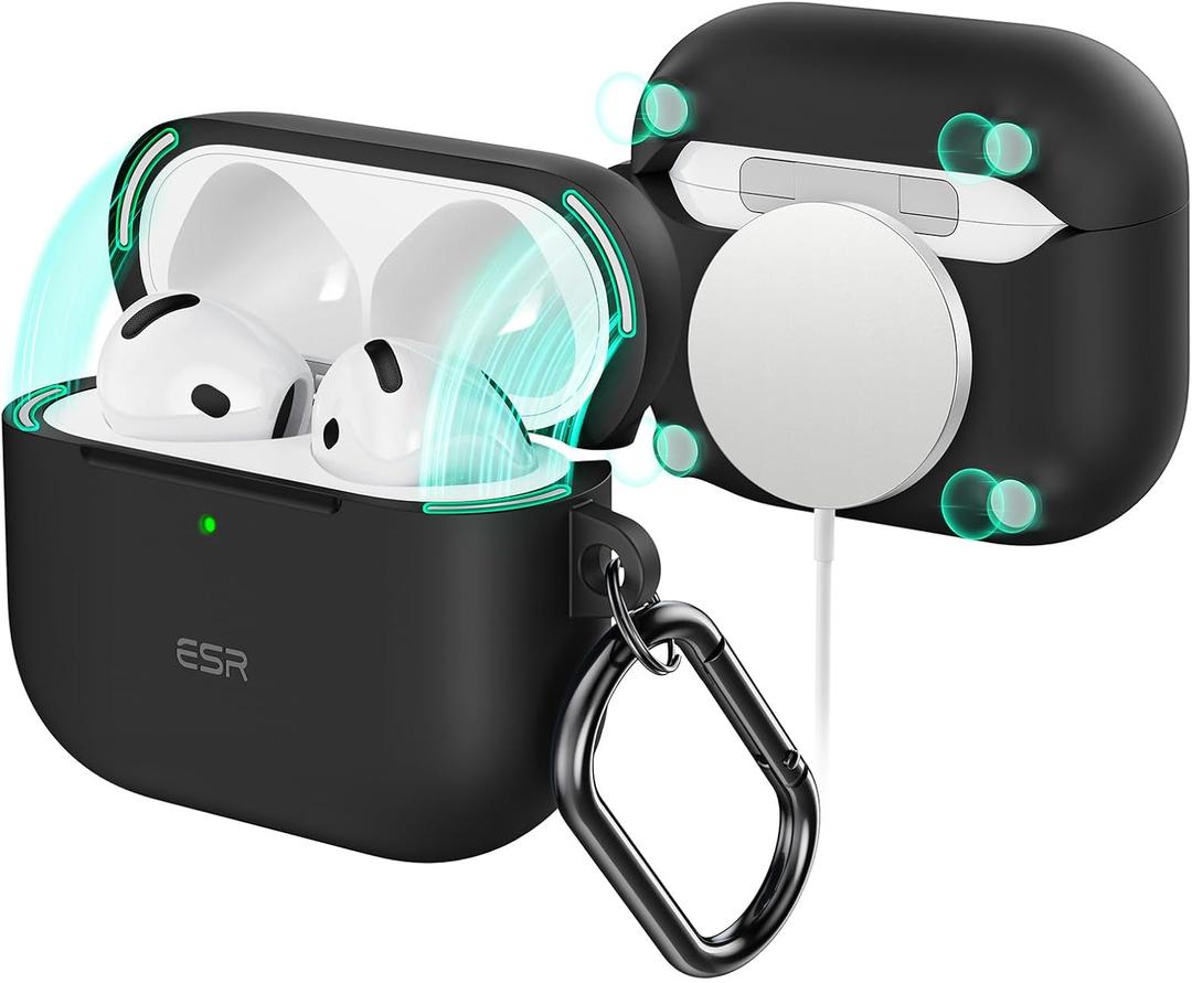 ESR for AirPods 4 Case (HaloLock), Compatible with AirPods 4th Generation Case (2024) (USB-C), Compatible with MagSafe, Full Drop Protection Cover with Carabiner, Magnetic Lid Lock, Black