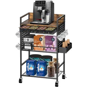 Compact Coffee Bar Cabinet with Power Outlet, Lockable Wheels, and Storage Drawer - Rustic Brown & Black for Office, Living Room, or Small Spaces