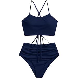 ZAFUL Women's Ruched High Waisted Tankini Swimsuit Criss Cross Bikini Set Tummy Control Bathing Suit (Large, Dark Blue-2023)