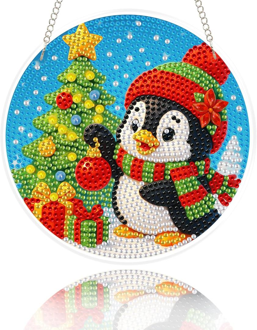 Eiflow Glass Diamond Art Hanging Kit for Adults Full Drill, DIY Christmas Diamonds Painting Window Hanging Board Kit, Stained Glass Crystal Diamond Art Painting Pendant Ornament (Penguin)
