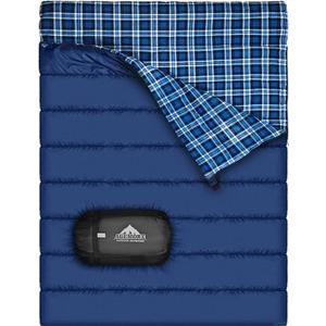 AGEMORE Cotton Flannel Double Sleeping Bag for Camping, Backpacking Or Hiking. Queen Size 2 Person Waterproof Sleeping Bag for Adults Or Teens. Lightweight with Compression Sack (Blue/ Blue)