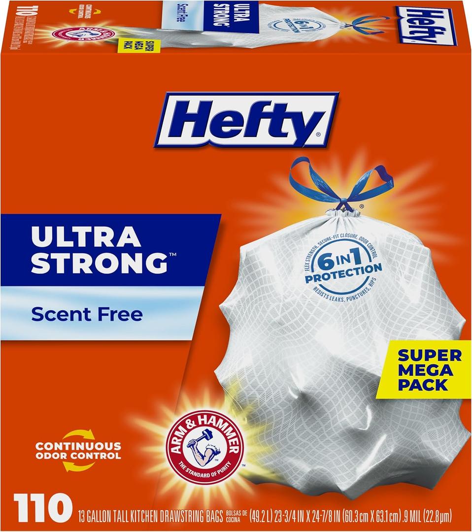 Hefty Ultra Strong 13 Gallon Trash Bags, Tall Kitchen Trash Bags 13 Gallon Size, Drawstring Closure, Continuous Odor Control, White, Unscented, 110 Bags
