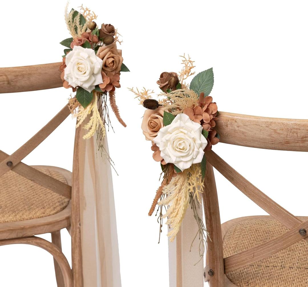 Ling's moment 8 Wedding Artificial Aisle Pew Flowers Chair Decorations Arrangements with Chiffon Ribbons Beige & Brown for Ceremony Reception Chair Back Floral Decor Reception Church Party Outdoor