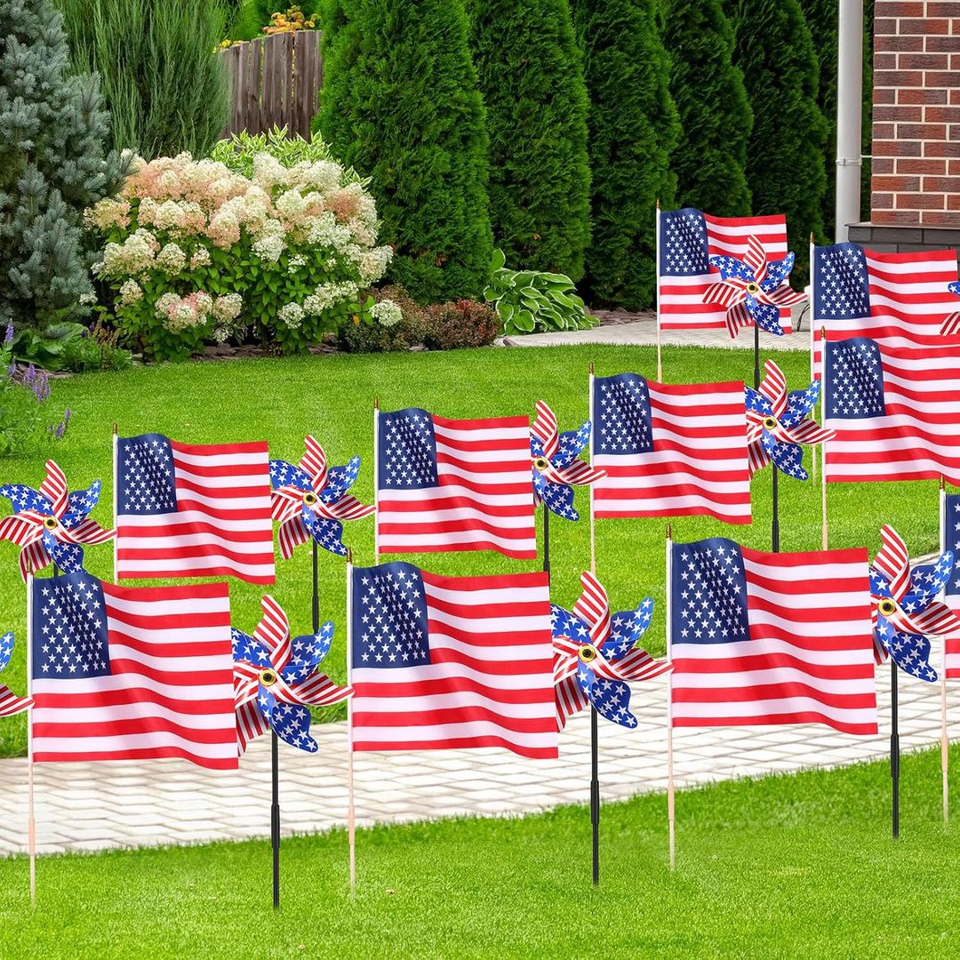 Mindsoft 24 Pack 4th of July Decorations Outdoor Patriotic Memorial Day Pinwheels and American Flags on Stick with Stake Red White and Blue Decor for Independence Day 250th Anniversary Parade Party
