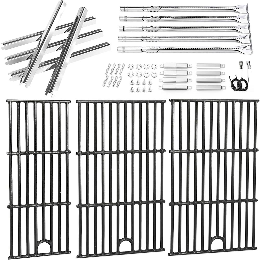 Uniflasy Grill Parts for Charbroil Performance 5 Burner 463448021 463449021 463451022 Cast Iron Grill Grates Stainless Steel Burners, Heat Plates, Igniter & Crossover Tubes