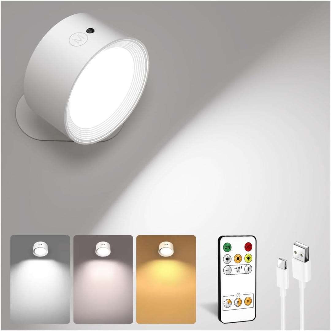 LED Wall Mounted Lights, Rechargeable Wall Sconces Lamp, 3 Color Temps & Remote and Touch, 360Rotation Dimmable Cordless Wall Light for Study Bedroom Reading Bedside(White, 1 Pack)