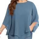 Hanna Nikole Women's Large Sizes Chiffon Blouses 3/4 Sleeve Double Layer Shirt Flowy Elegant Tops Loose Long Shirt
 Blue 3XL