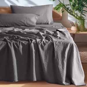 SONORO KATE 100% French Pure Linen Sheets, Breathable and Durable Linen Queen Size Sheets, Anti-Tear Linen Bed Sheets, Machine Washable, 16 Inch Deep Pocket - 4 Piece (Dark Grey, Queen)