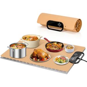Food Warming Mat  Fast Heating Electric Warming Tray with 7 Temp Settings, 11-Hour Timer & Auto Shut-Off, Foldable Silicone Mat with Child Lock, Portable Warming Pad for Buffets, Holidays  Brown