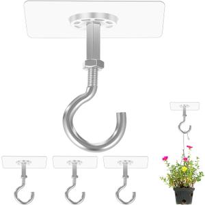 5 Pack Adhesive Ceiling Hooks, Heavy Duty Ceiling Hooks for Hanging Plants Holds Up to 30lbs,No Drill Outdoor Sticky Ceilings Hanger Stick On Hook for Lights, Wind Chimes, Lantern