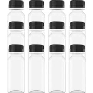 AQSXO 12 Pcs 2 OZ Mini Plastic Juice Bottles, Reusable Bulk Beverage Containers, Comes Black lid, for Juice, Milk and Other Beverages.
