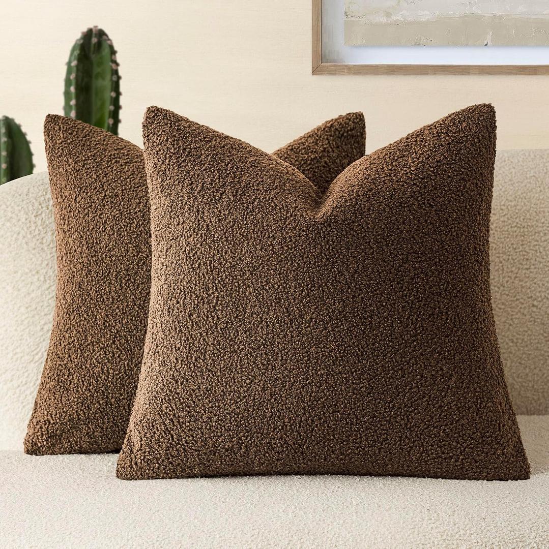 Foindtower Pack of 2, Curly Faux Fur Decorative Throw Pillow Covers Soft Fuzzy Plush Cushion Case with Zipper Cozy Pillowcase for Home Living Room Couch Bed Sofa 20 x 20 Inch,Dark Brown