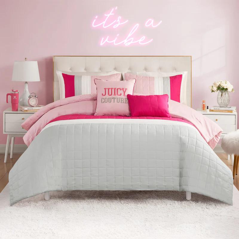 Juicy Couture Color Blocked King Striped 5-Piece Comforter Set - Pink/White/Grey Designer Bedding Set