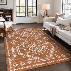 Boho 5x7 Rug for Living Room, Soft Washable Bedroom Rugs, Low Pile Stain Resistant Area Rug for Dining Room, Distressed Aztec Rug for Office Home Decor (Orange)