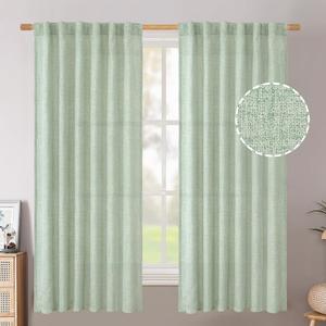 BGment Sage Green Linen Curtains 63 Inch Length for Living Room 2 Panels - Rod Pocket Light Filtering Semi Sheer Drapes Neutral Privacy for Bedroom/Office/Country Back Tab, 52 Inch Wide Each Panel