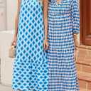 Dokotoo Women Boho Maxi Dresses 2026 V Neck Long Puff Sleeve Smocked Ruffle Flowy Casual Dress (Blue, S)