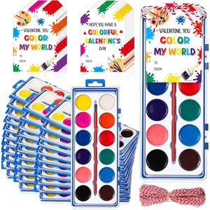 Sabary 50 Pack Valentines Day Watercolor Paint Sets Gifts Washable Watercolor Paintings with Card and 20 Meters Red Rope for Art Gifts Exchange Bulk