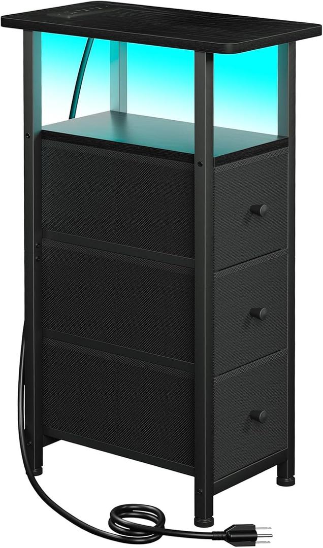 LOAKEKEL Narrow End Table Living Room with Charging Station, Skinny Side Table with Fabric Drawers, Slim LED Nightstand for Bedroom, Small Spaces, Couch, Black, HETNDP03LBK-1