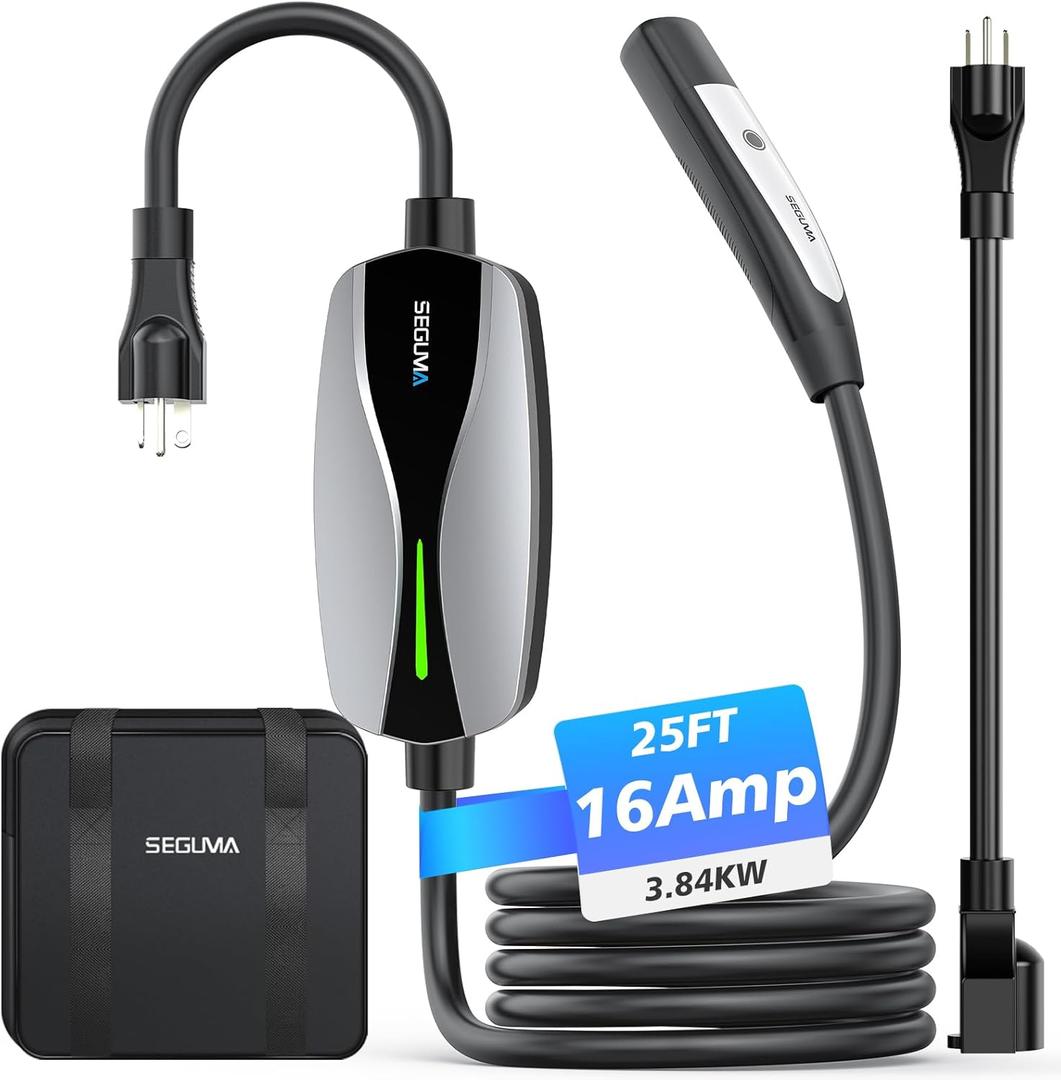 Portable Level 1/2 EV Charger for Tesla, 16Amp NACS Car Charger with 110V-240V, 25FT Extension Cable, NEMA 6-20 Plug, NEMA 5-15 Adapter, Home Mobile Wall Connector EV Charging Station for Tesla Cars (16A Tesla NEMA 6-20 & 5-15 Plug, Silver)