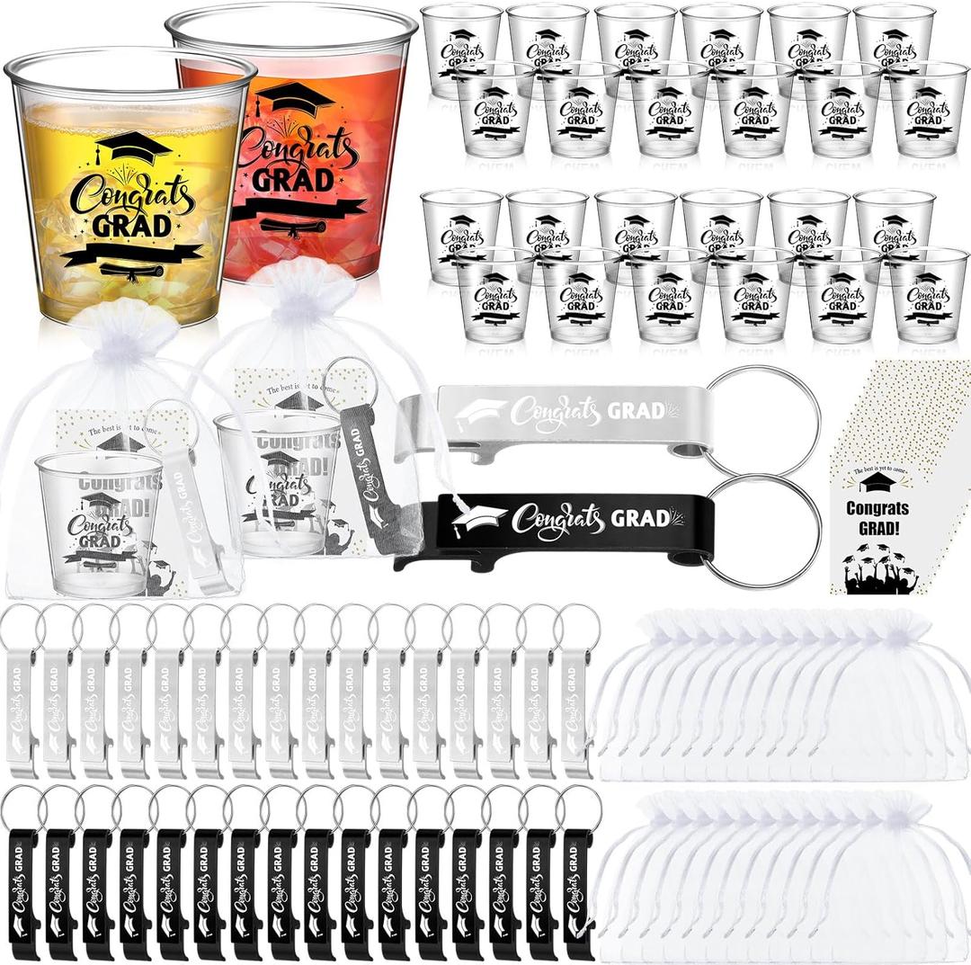 Yungyan 50 Sets Graduation Party Favors for Guests 2026 Congrats Grad 2.87oz Shot Glasses Aluminum Bottle Opener Keychain Thank You Cards Bulk for Graduation Party Guests Souvenirs (Black and Silver)