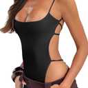 OQQ Women's Backless Bodysuit Adjustable Spaghetti Straps Night Out Top Black, Small