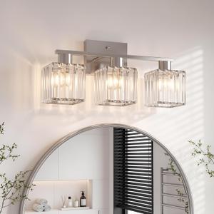 Crystal Bathroom Light Fixtures, 3-Light Brushed Nickel, Vanity Lights for Bathroom Over Mirror, Modern Bath Wall Sconce for Mirror Bedroom Living Room
