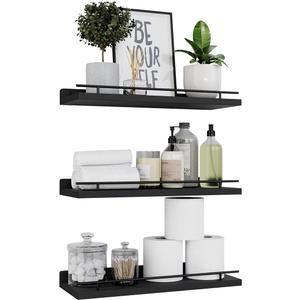 WOPITUES Floating Shelves with Black Metal Guardrail, Shelves for Wall Decor Set of 3, Wall Shelves for Bedroom, Bathroom, Kitchen, Living Room, Plants, Picture Frames, Art Black