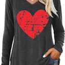 Valentine V Neck Shirt for Women Cute Love Heart Long Sleeve Casual Tee Tops (Gray, L)