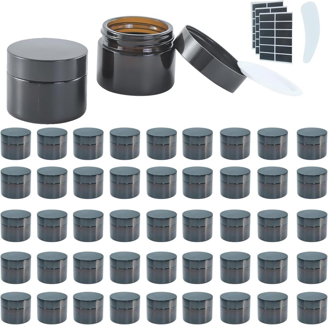 2Oz Small Amber Glass Jars with Lids, 45Pack Lotion Container, Cosmetic Containers, Little Travel Jars for Creams with Mini Spoon, Black Label