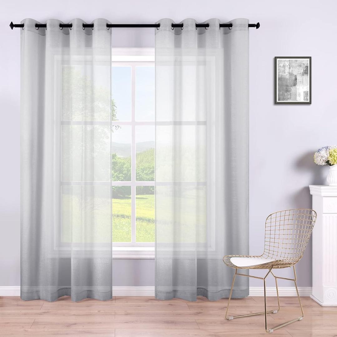KOUFALL 2 Panels Grommet Faux Linen Sheer Curtains 84 Inches Long Grey 52" W x 84" L Pack of 2