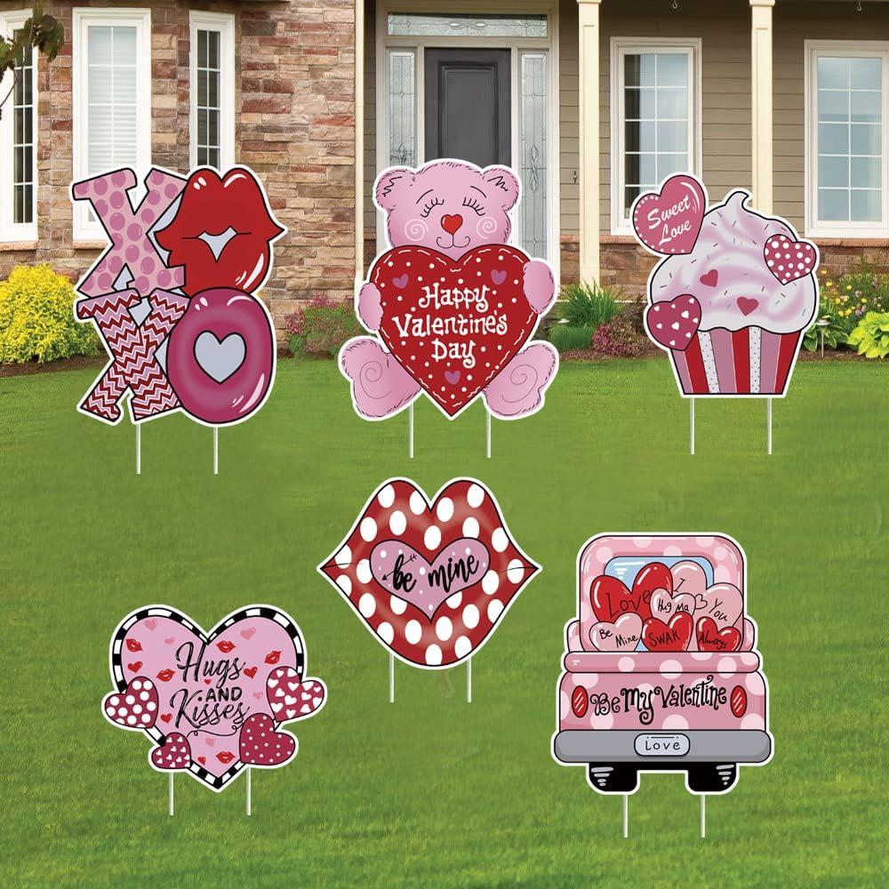 Valentines Day Decorations Yard Signs, 6 Pcs Candy Heart Lawn Decorations Outdoor Valentines Decor with Stakes for Valentine's Day Wedding Anniversary Party Supplies