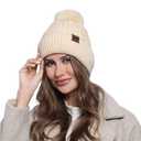 WOOH Womens Beanies for Winter,Knit Hat with Faux Fur Pom Pom Beanie for Women,Warm Fleece Lined,Less Static Beige