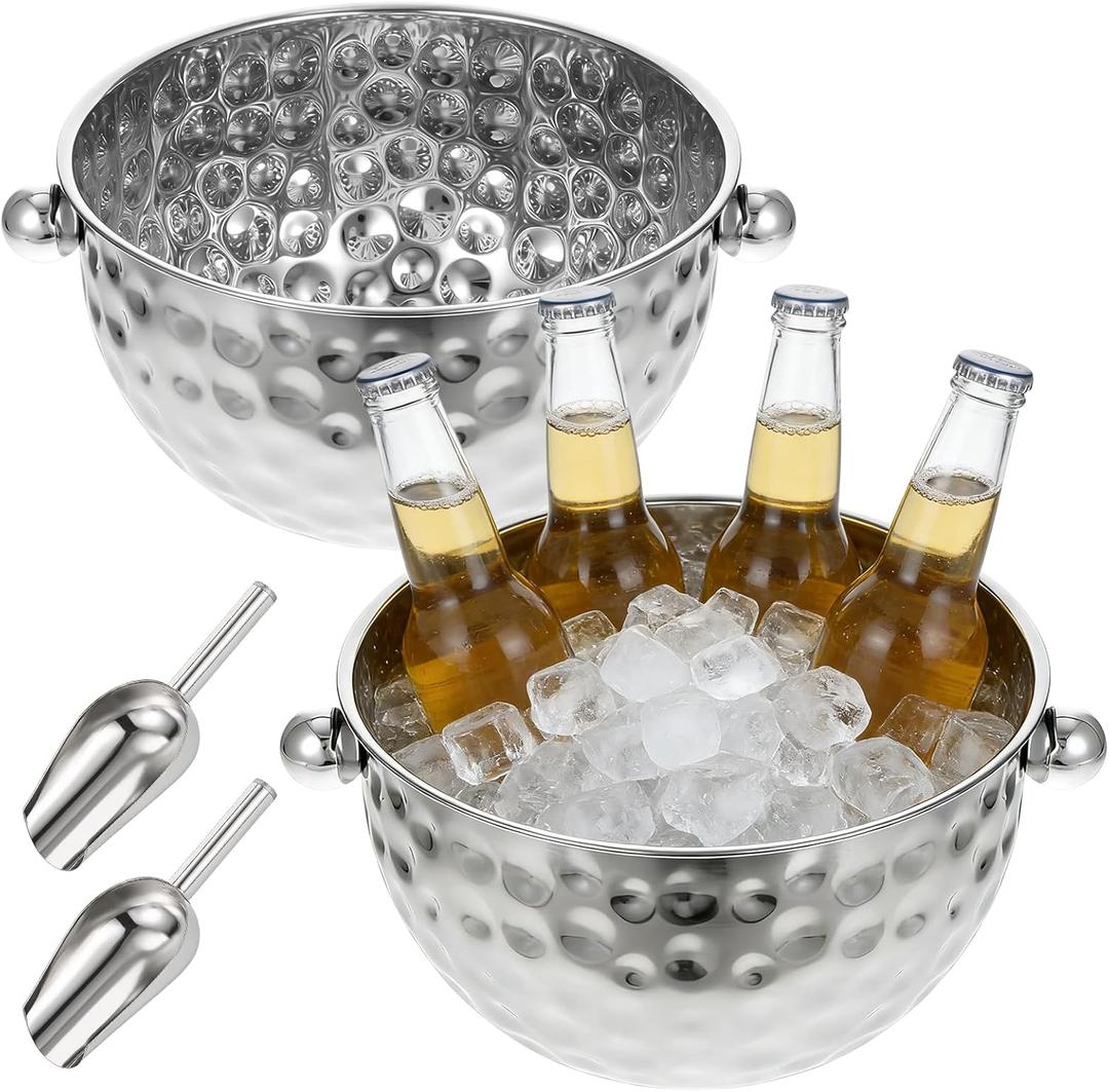 2 Pack Ice Buckets with Scoops, 4.6L&6L Metal Beverage Tubs, Stainless Steel Wine Bucket, Champagne Bucket, Large Ice Buckets for Parties Beer Bottle Drinks, Dishwasher Safe