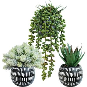 Winlyn Set of 3 Small Artificial Succulent Potted Plants Faux Aloe Hops Hanging Succulent in Black Concrete Planters for Gift Home Office Bathroom Living Room Wedding Windowsill Table Shelf Desk Dcor