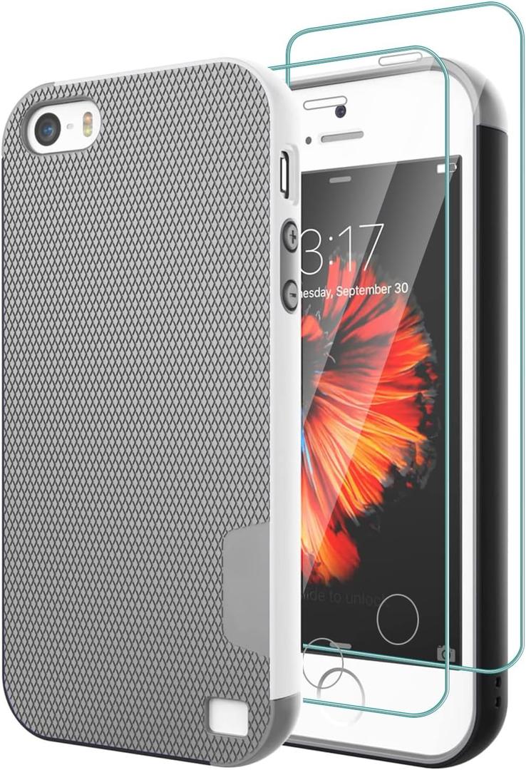 Case for iPhone SE (1st gen - 2016), Case for iPhone 5S with 2 Pack Tempered Glass Screen Protector, Contrasting Colors Ultra Slim One-Piece Anti-Slip Rugged Soft TPU Bumper Shockproof Case - Gray (Grey)