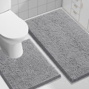 2 Pcs Bathroom Rugs, Bath Mats for Bathroom, Bathroom Rugs Washable, U Shaped Toilet Rug, Ultra Soft Chenille Bath Mat Set, Absorbent Bath Rugs for Bathroom Floor, 30x20Inch, 24x17 Inch