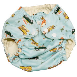 Esembly Cloth Diaper Cover - Reusable Swim Diaper, Waterproof, Breathable - Adjustable Outer Layer Over Absorbent Inner for Blowout Protection - Buses, Size 2 (18-35lbs)