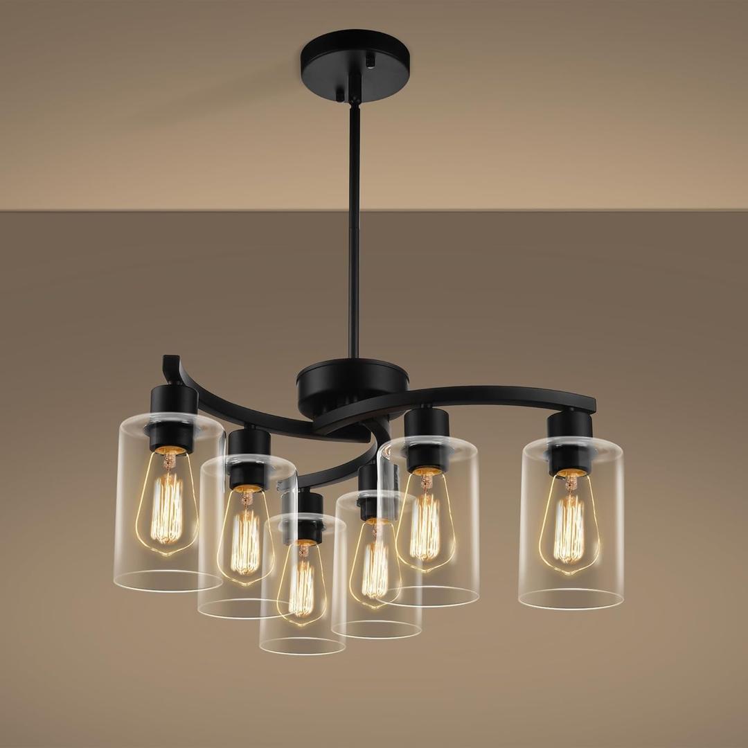 CNRATYE 6-Light Modern Farmhouse Black Chandelier, Contemporary Dining Room Light Fixture, Adjustable Height Hanging Industrial Pendant Lights Kitchen Island, Clear Glass Shade