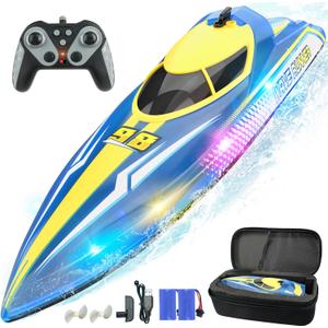 BEZGAR Remote Control Boat for Kids - 2.4GHz Fast RC Boat with LED Lights & Portable Suitcase for Pools, Lakes & Salt Water, Summer Water Toys Gifts for Boys & Girls Age 6 7 8-12 Years Old (Blue)