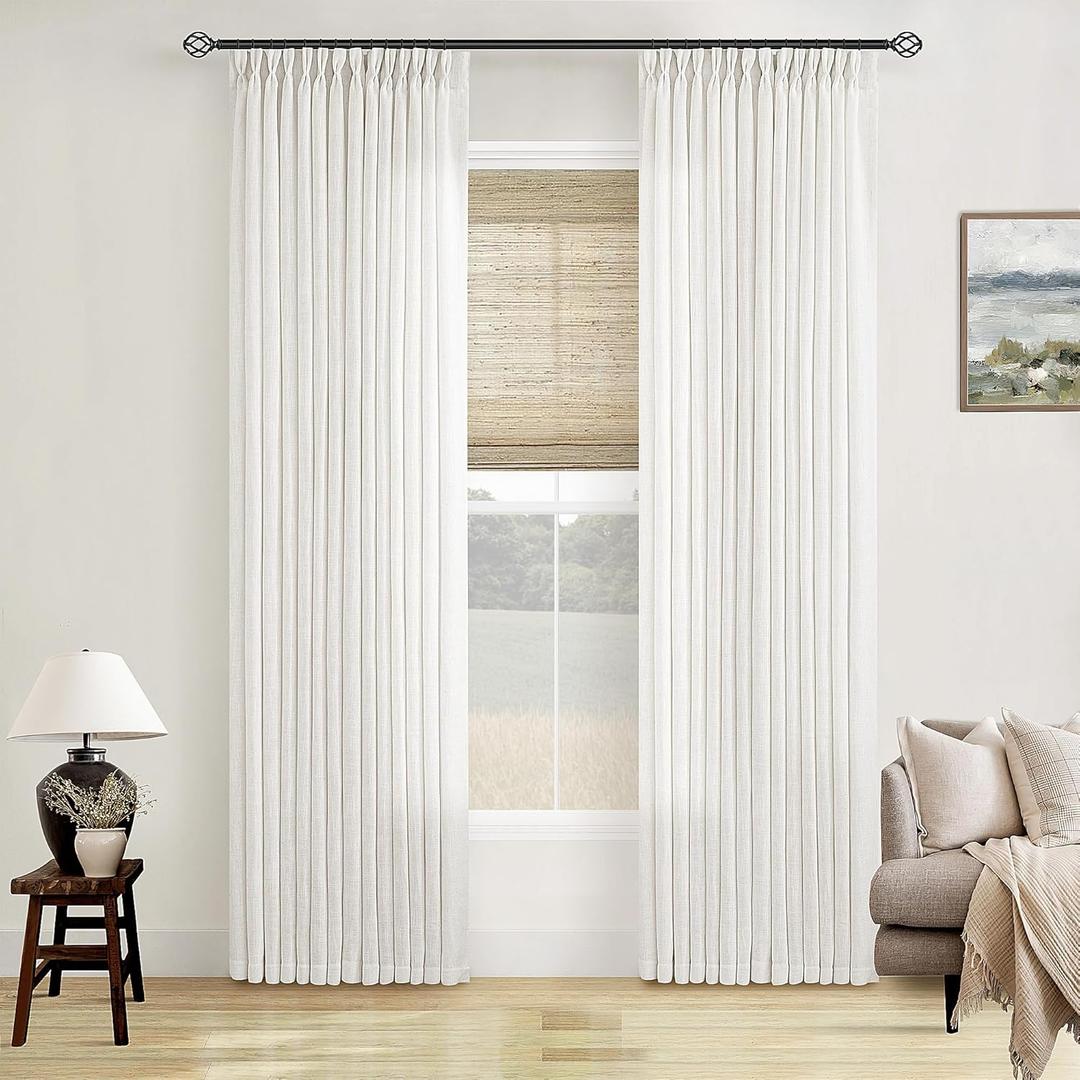 Beige White Linen Curtains Pinch Pleated 84 Inches Long for Living Room Bedroom Pleat with Rings Back Tab Semi Sheer Curtains 84 Inch Length 2 Panels Set Light Filtering Farmhouse Drapes