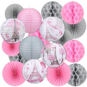 Retisee 18 Pcs Paris Party Decorations Eiffel Tower Theme Hanging Paper Lanterns Pink Grey Honeycomb Fans Honeycomb Ball for European City Landscape Pink Theme Party Birthday Ceiling Decor Supplies