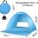 Pop Up Beach Tent for 3-4 Person UPF 50+ UV Sun Protection Beach Shade Pop Up Sun Shelter with Carry Bag and Tent Stakes for Beach, Park, Camping (X-Large)