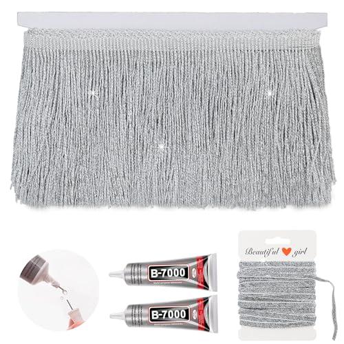 Yhsheen Silver Glittery Fringes, 5 Yards X 4 Inch Fringe Trim with B7000 Glue, Tassels Trim for Crafts Sewing Fringe Trim by The Yard for Clothing Curtain