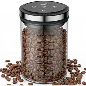 Vacuum Coffee Canister, Airtight Coffee Container with Graduated Scale and Vacuum Duration Display. Features Transparent Borosilicate Glass Construction and a 1.6L Large Capacity