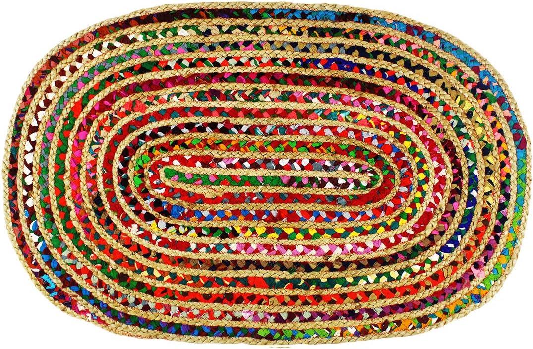 COTTON CRAFT Jute Chindi Braid Rag Rug - Boho Farmhouse Rustic Area Accent Throw Rug - Handwoven Reversible Natural Recycled Cotton- Living Room Den Study Home Dcor Gift - 3' x 5' Oval - Multi Color