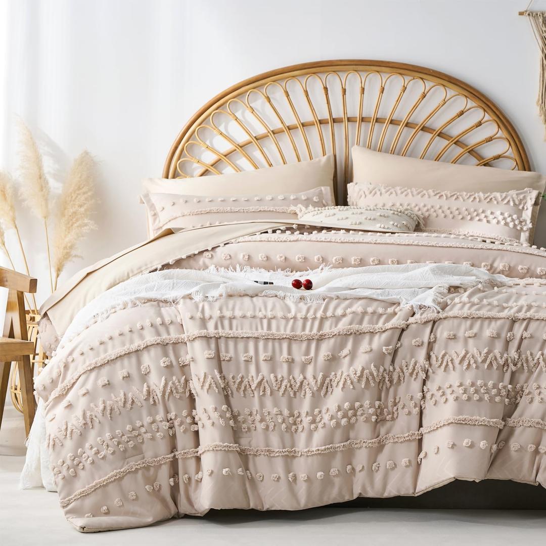 7 Pieces Queen Comforter Set, Khaki Tufted Boho Shabby Chic Bed in a Bag Comforter and Sheet Set, All Season Soft Microfiber Complete Bedding Set (Khaki, Queen)